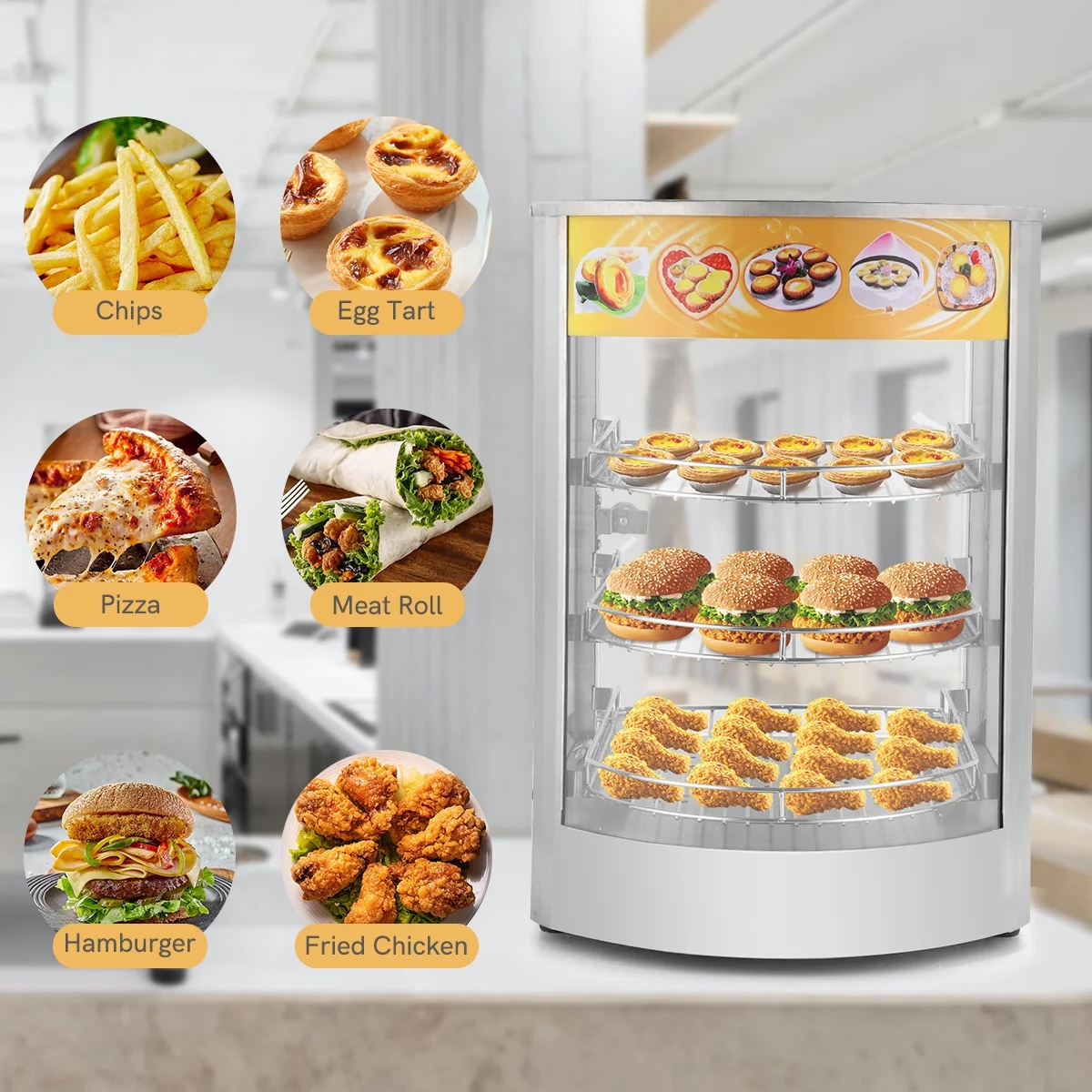 BreeRainz Commercial Food Warmer Countertop, 800W Pizza Food Warmer Display Case, 3-Tier Electric Food Warming Cabinet w/Detachable Wire Trays, Pastry Display Case for Cafe Buffet Restaurant