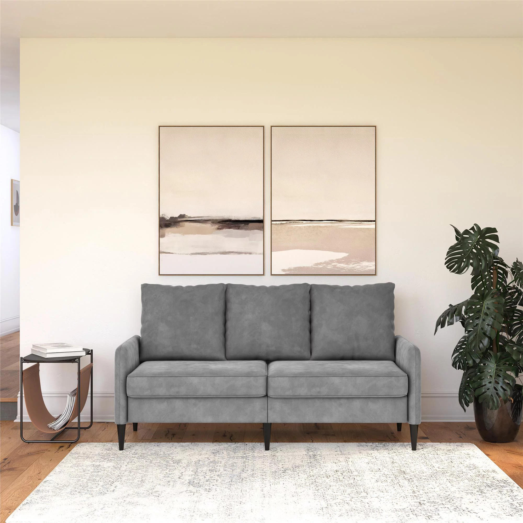 RealRooms Cassia Pillowback 3-Seater Velvet Sofa, Detachable Pillow, Light Gray