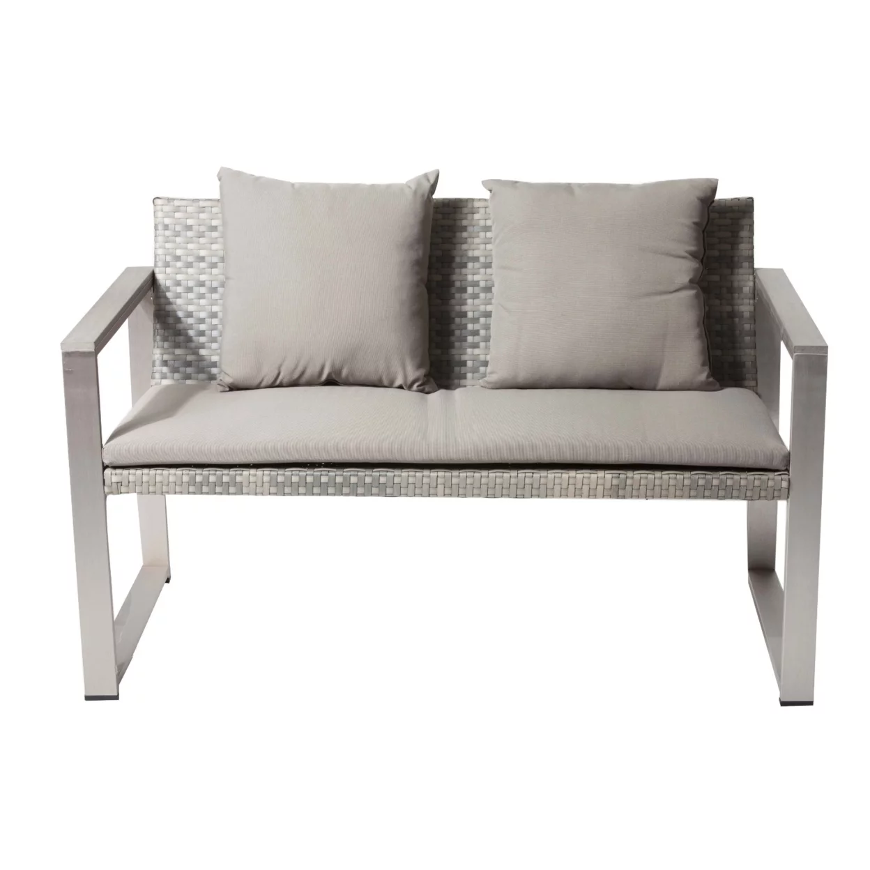 Anodized Aluminum Upholstered Cushioned Sofa with Rattan, Gray Taupe- Saltoro Sherpi