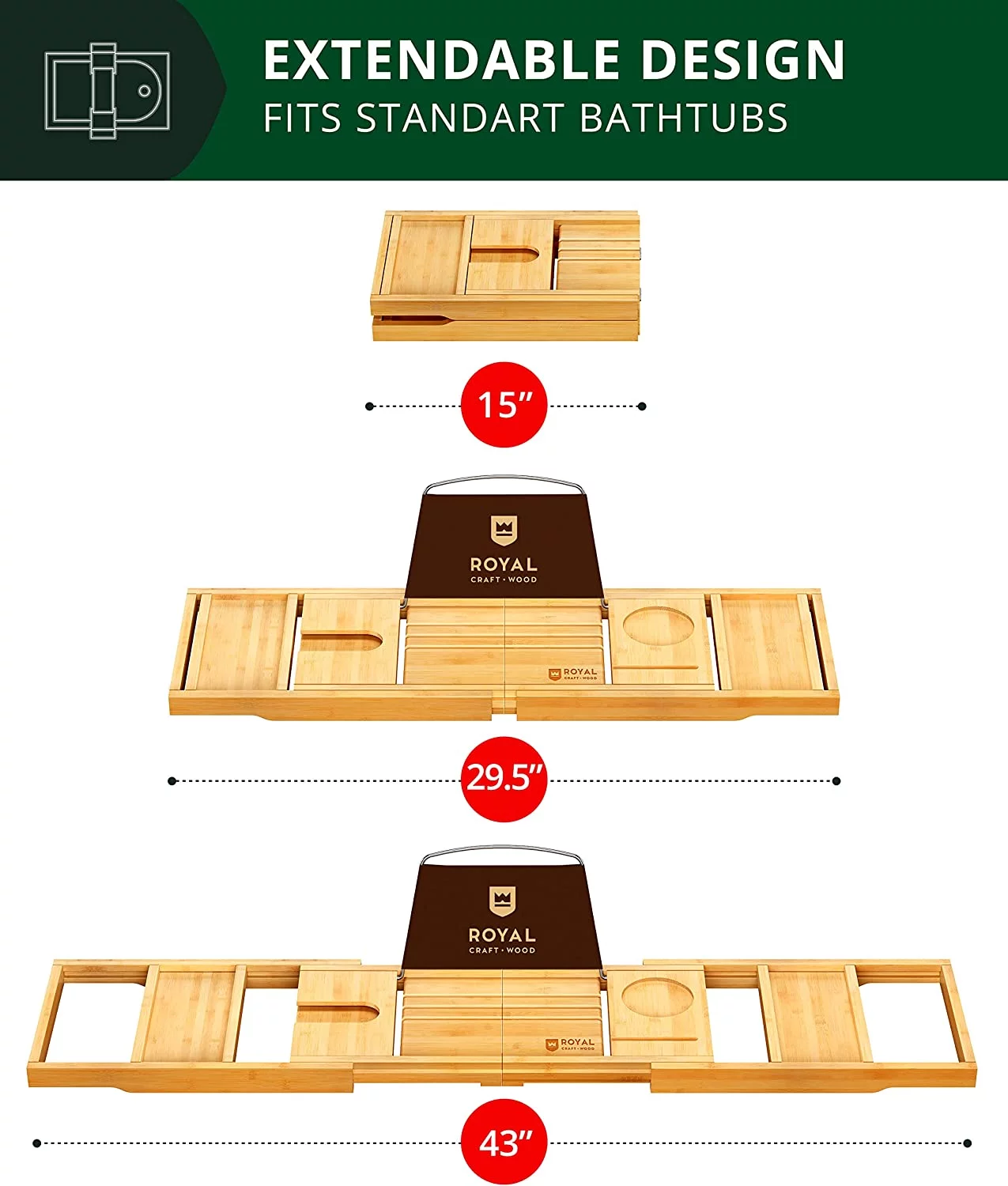 𝐋𝐮𝐱𝐮𝐫𝐲 Foldable Bathtub Caddy Tray, Bamboo Bath Caddy Natural Bathtub Tray Expandable, Bath Tub Table Caddy with Extending Sides SPA Bath Shelf - ROYAL CRAFT WOOD