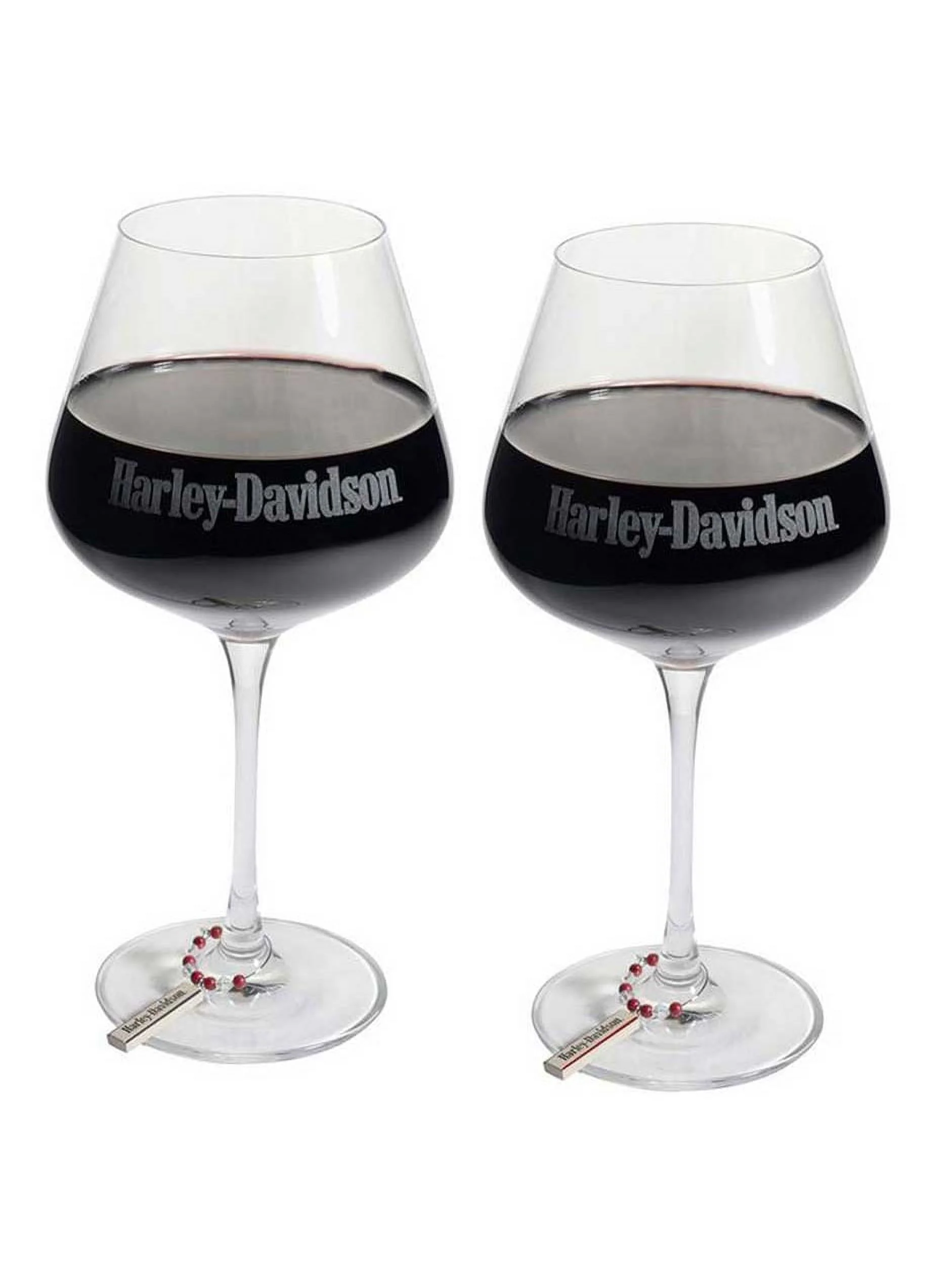 Harley-Davidson Wine Glass Set w/ Charms, Etched H-D Script, Set of Two 23 oz., Harley Davidson