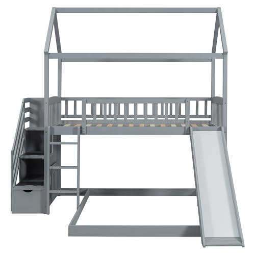 Twin Over Full House Bunk Bed with Stairs and Slide, Modern Bunk Bed Frame with Full-Length & Guard Rail, No Box Spring Needed, Gray