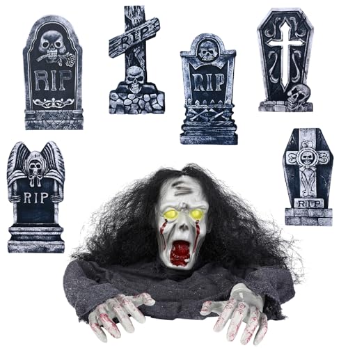 Zombie Groundbreaker Halloween Outdoor Graveyard Decoration with 6 Tombstones for Graves - Scary Gravestone Yard Sign Stakes - Waterproof Headstone