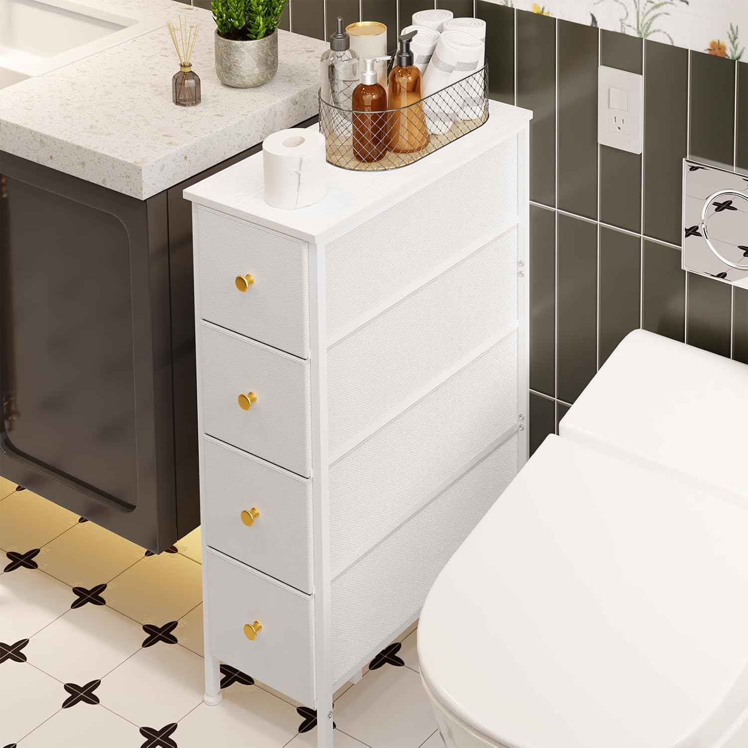 Fixwal Narrow Storage Cabinet, Dresser with 4 Drawers, Slim Fabric Dresser Storage Tower for Small Spaces, White Dresser with Steel Frame, Wood Top, for Bedroom, Bathroom, Living Room, Laundry, Closet