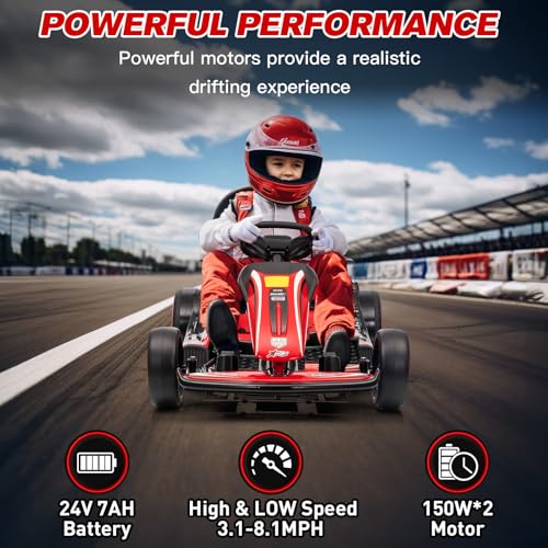 24V Kid Go Kart, 7AH Battery Powered Electric Vehicle, w/150 * 2 Motors, Drifting Car Soft Start, Music, Horn Honking and Safety Belt, Gift for Kids Age 8-12 Years Old, Grey