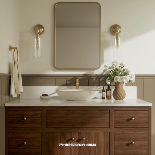 Phiestina Brushed Gold One Hole High Bathroom Vessel Sink Faucet, Single Hole Single Handle Tall Bathroom Faucet, with Pop Up Drain and Water Supply Line,FH01-BG-V