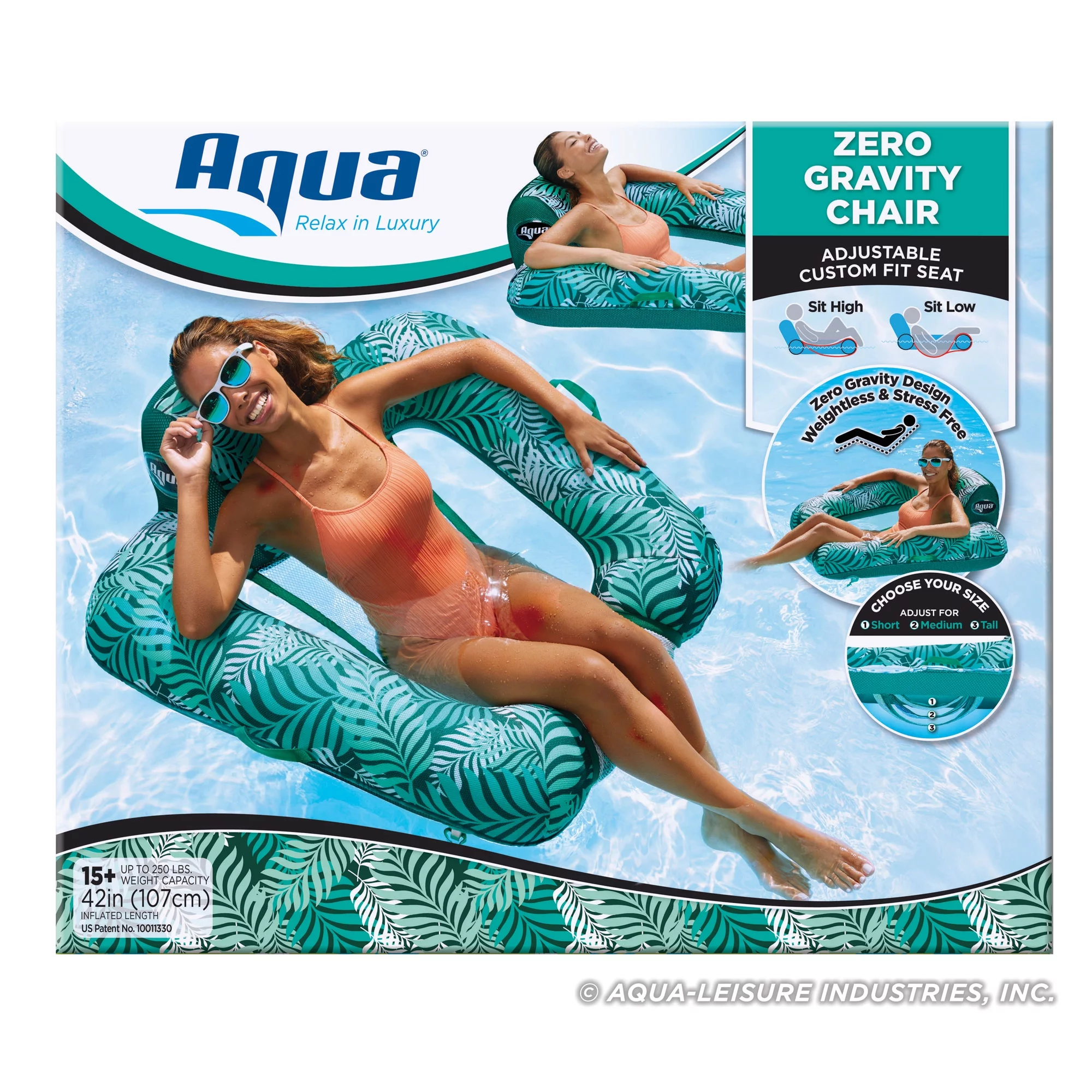 Aqua Zero Gravity Inflatable Swimming Pool Chair Float, Teal Fern Green