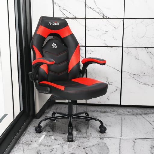 N-GEN Video Gaming Computer Chair Ergonomic Desk Office Chair for Adults with Lumbar Support Flip-Up Arms Adjustable Height Swivel Wheels PU Leather Executive Design for Home and Office (Pink)