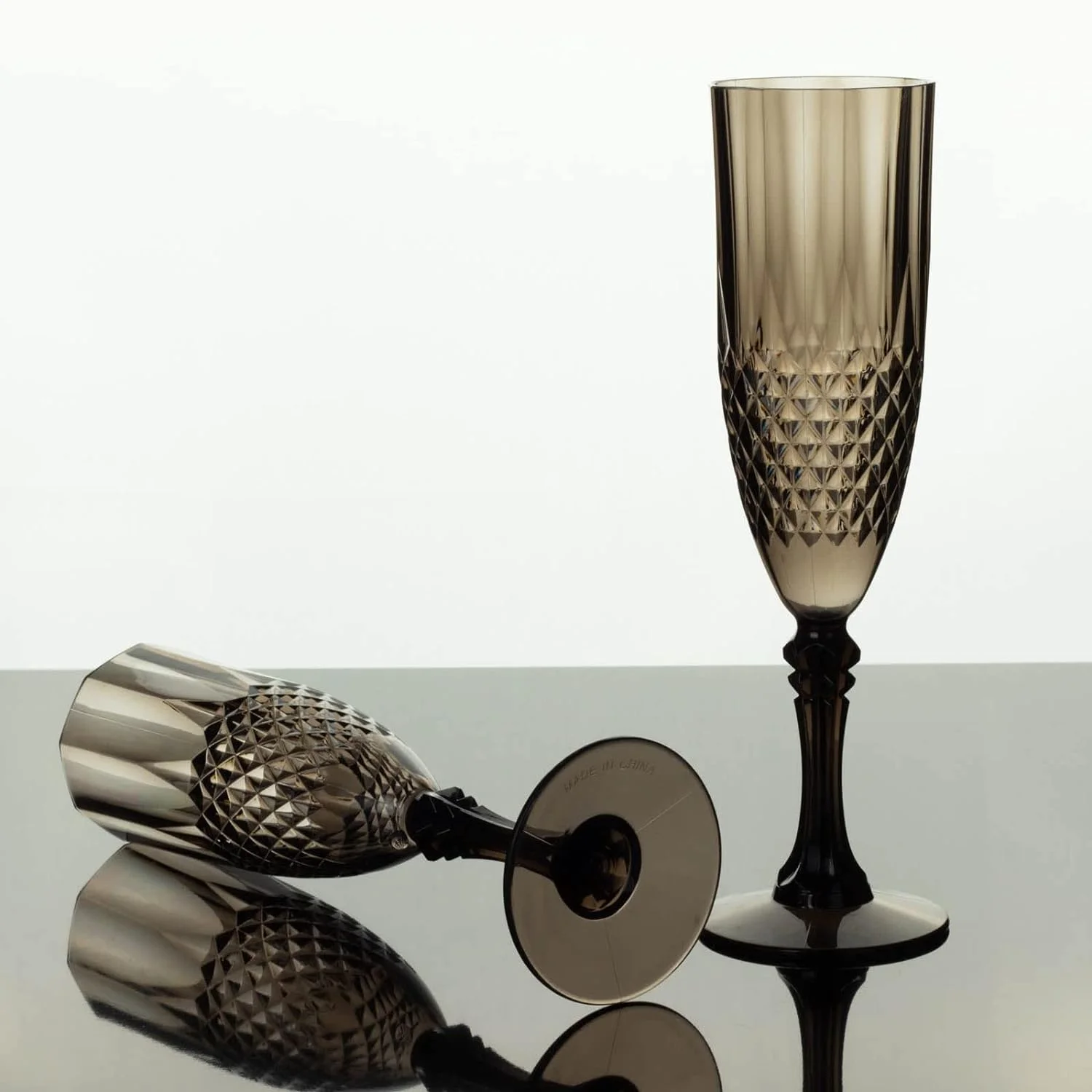 6 Pack | 8Oz Black Crystal Cut Reusable Plastic Champagne Glasses, Disposable Wedding Toast Flute Glasses