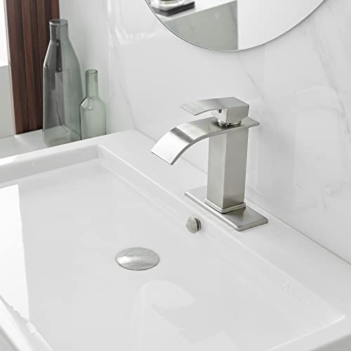 BWE Vessel Sink Faucet Modern Waterfall Chrome Single Hole Bathroom Faucet Single Handle with Pop up Drain Without Overflow Assembly Vanity Basin Bath Sink Faucets Mixer Tap