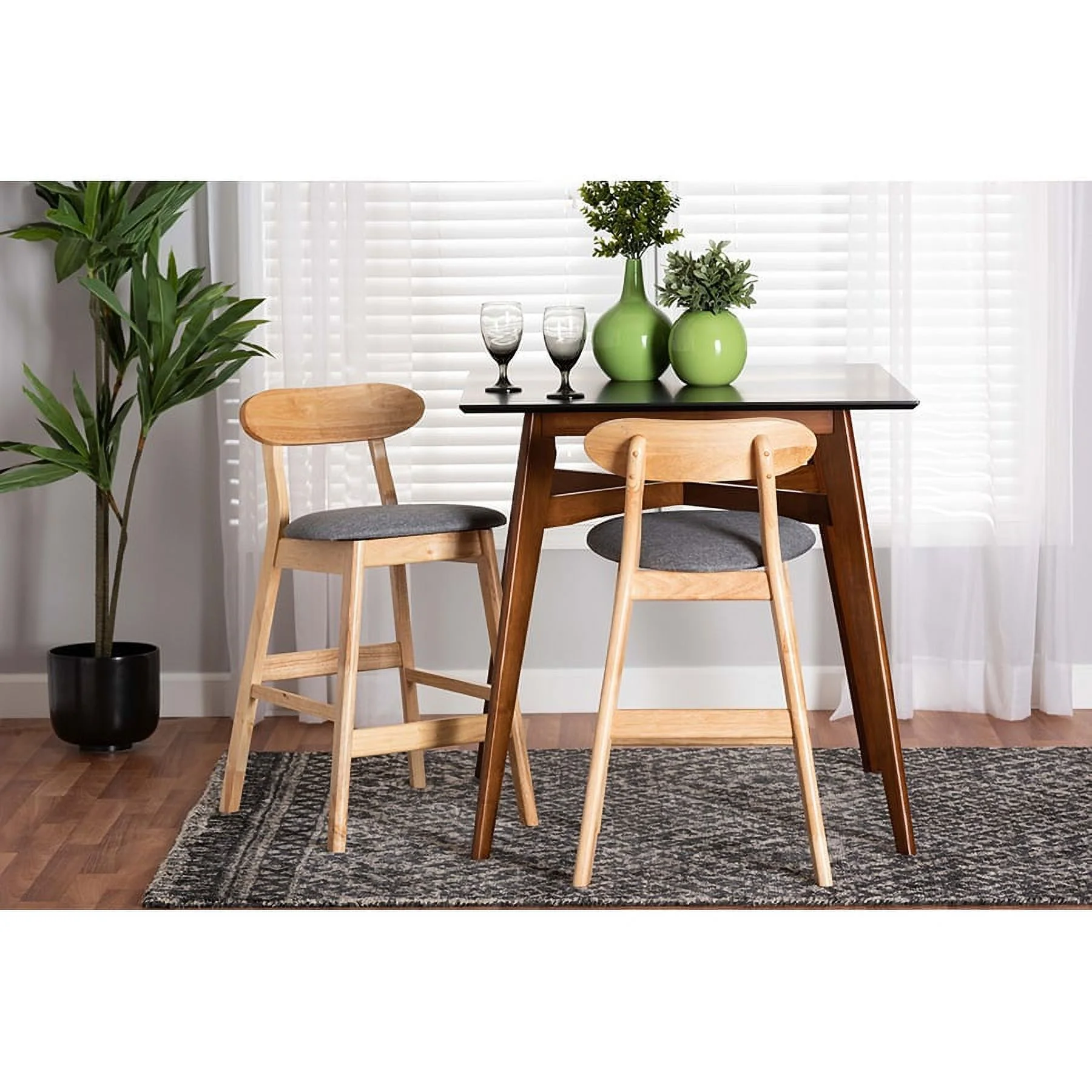 Baxton Studio Ulyana Mid-Century Modern Grey Fabric and Natural Brown Finished Wood 2-Piece Counter Stool Set