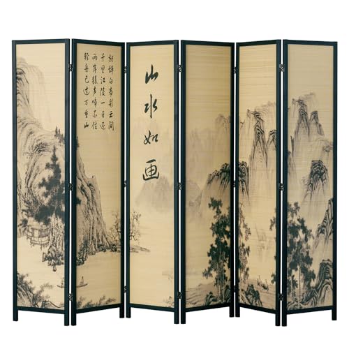 MyGift 4-Panel Folding Bamboo Room Divider Asian-Inspired Cherry Blossom Scene, 6 FT Freestanding Floral Artwork Room Partitioner with Beige Wood Frame