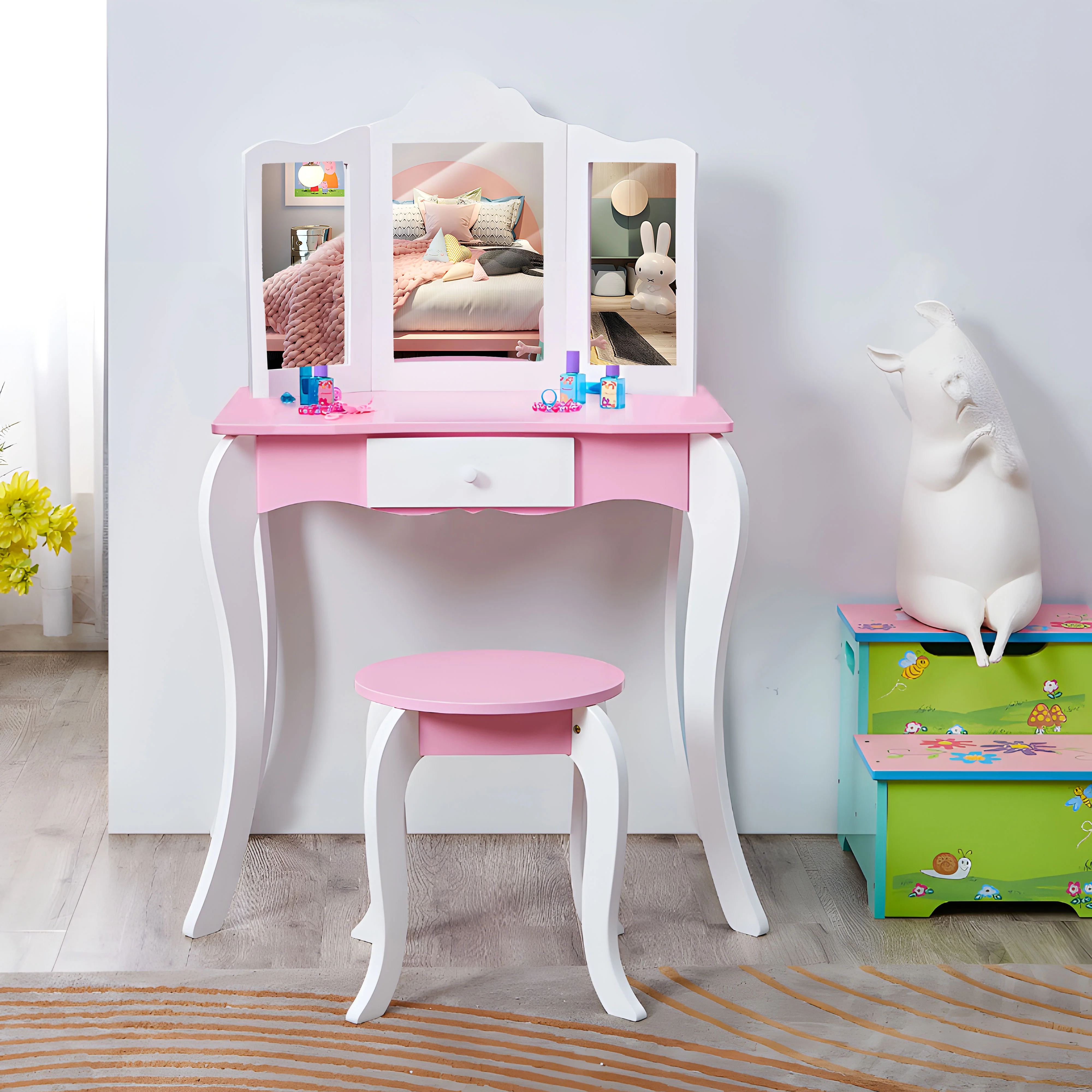 iRerts Kids Vanity Set with Mirror Girls Vanity Table Princess Makeup Dressing Table, Kids Furniture, Girls Vanity Set with Mirror, Pink