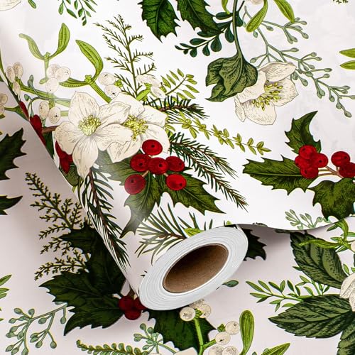 Merture Kraft Christmas Wrapping Paper Roll - Mini Roll - 17 In X 33 Ft (46.5 sq.ft.ttl.) - Vintage Watercolor Christmas Festive Leaves, Red Berries Neutral Holiday Gift Wrap Paper for Holiday, and Nature Lover