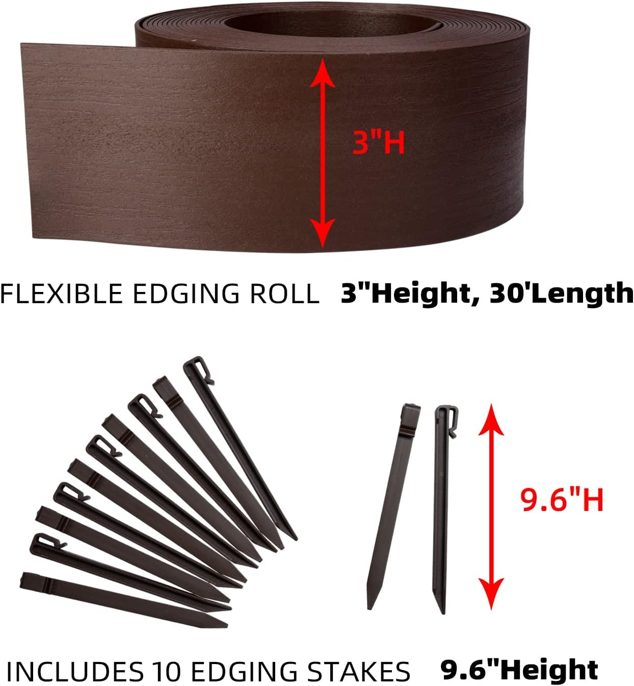 Landscape Edging Coil - 40 feet Length, 5 inch Height, 12 Stakes Included, with Wood Grain - Terrace Board, Grass Barrier, Garden Borders (Brown)