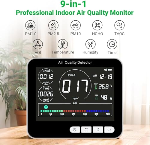 14 in 1 Air Quality Monitor Indoor with Beep Alarm, 6 AQI Air Quality Detector with PM1.0|PM2.5|PM10|HCHO|TVOC|AQI|Temperature|Humidity|Time for Home, Hotel, Office, Car, Battery Powered Air Monitor