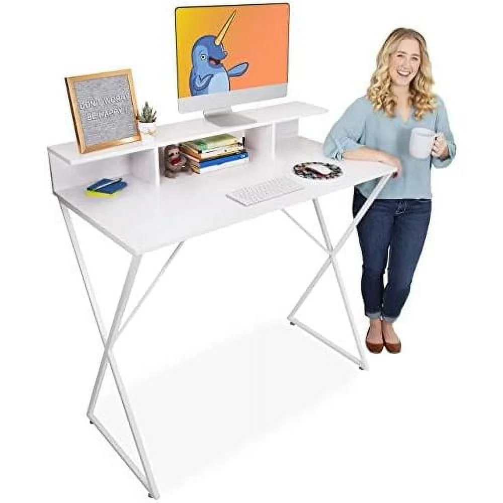 Joy Standing Desk | Pretty Standing Desk With Shelf & Built-In Storage Cubbies | Modern Stand Up Workstation | Tall Desk & Reception Table For Home, Dorm & Office (White / 48In X 42In)