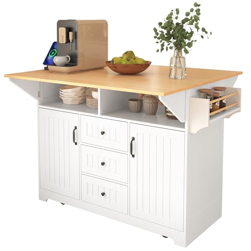 Large Kitchen Island Cart with 2 Drop Leaf, Mobile Dining Table with Storage Cabinet, Rolling Kitchen Cart with Power Outlets, 3 Drawers, Spice & Towel Rack