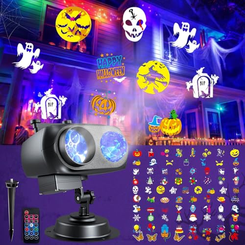 Halloween Projector Lights Outdoor, 2-in-1 HD Holiday Light Projector with Remote Control & Timer, IP65 Waterproof, 10 Slides & 10 Colors Ocean Wave Effects for Yard, Garden, House, Xmas Decorations