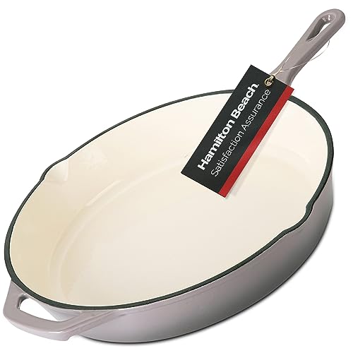 Hamilton Beach Enameled Cast Iron Fry Pan 10-Inch Cream, Cream Enamel Coating, Skillet Pan for Stove Top and Oven