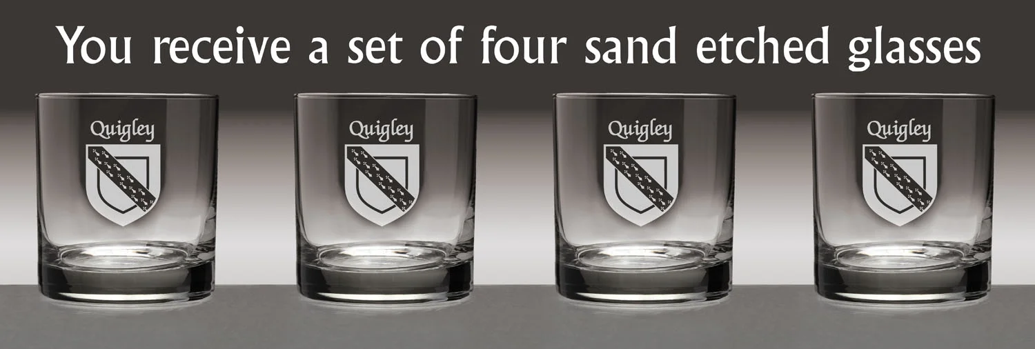 Quigley Irish Coat of Arms Tumbler Glasses - Set of 4 (Sand Etched)