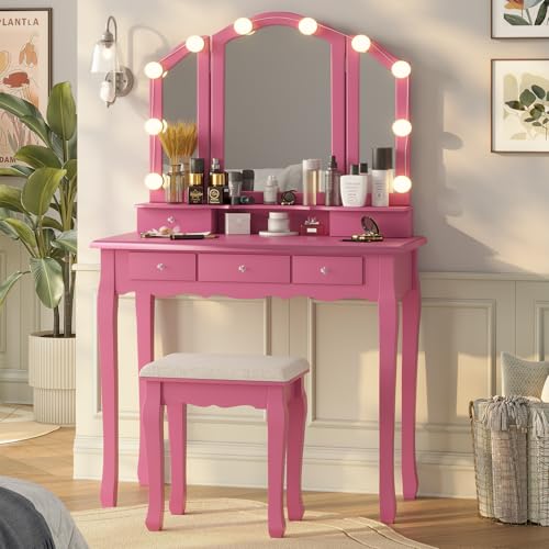 Tiptiper Makeup Vanity with Lights, Vanity Desk with Lighted Mirror and Stool, Vanity Table Set with 5 Drawers, 3 Light Settings, Adjustable Brightness, White
