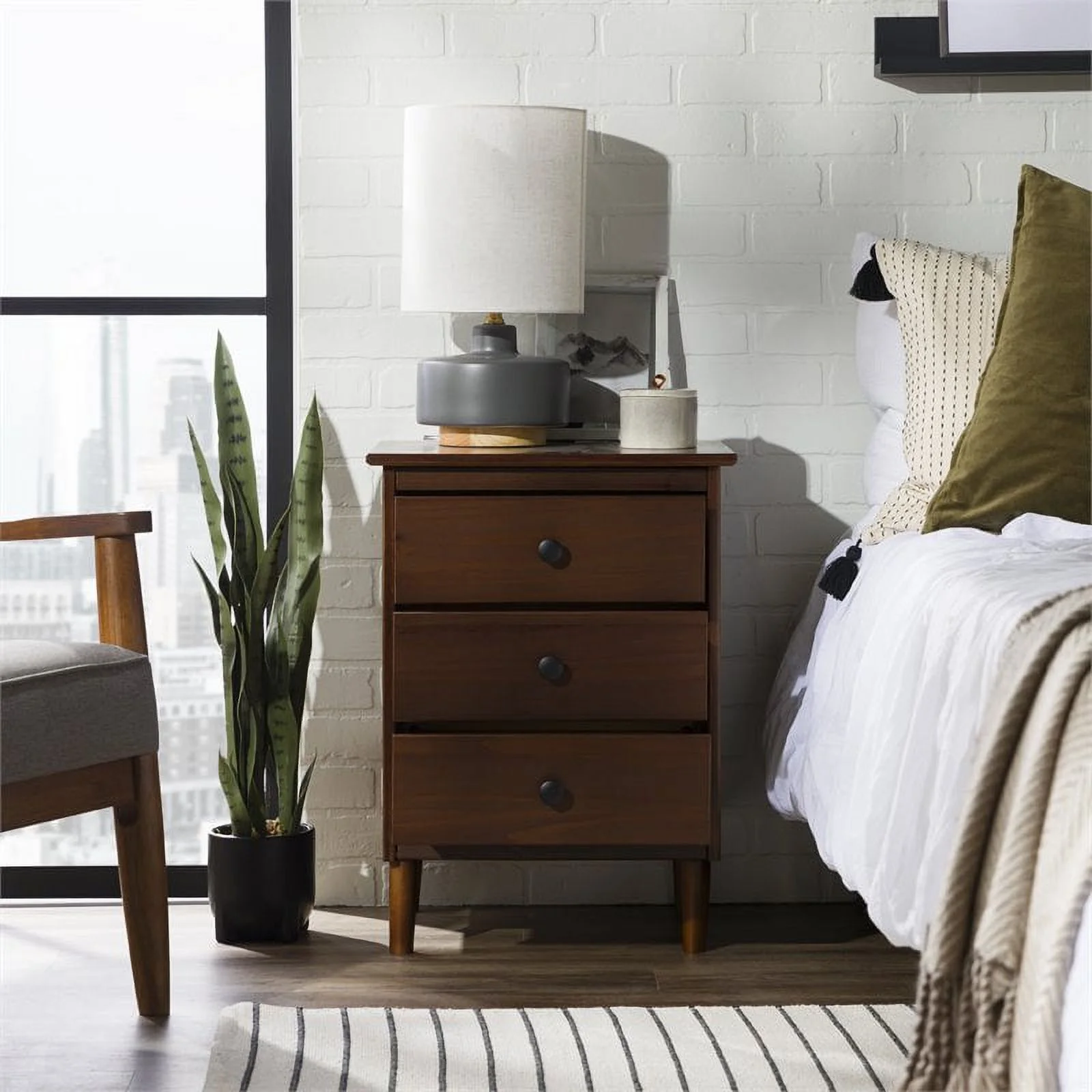 Walker Edison 3 Drawer Solid Wood Nightstand in Walnut