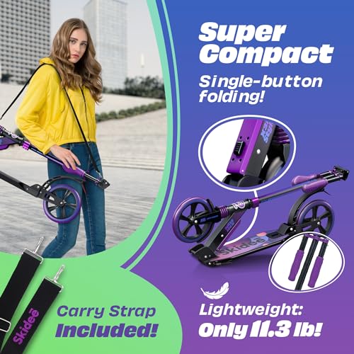 Skidee Adult & Teen Scooter Adjustable Height, Folding, Large Wheels, Lightweight, Durable, Anti-Shock Suspension, Up to 220 lbs