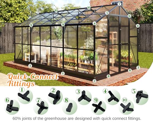 8x12 FT Polycarbonate Greenhouse with Quick-Connect Fittings, Walk-in Large Aluminum Greenhouse with 2 Swing Doors, Winter Greenhouse for Outdoors Black