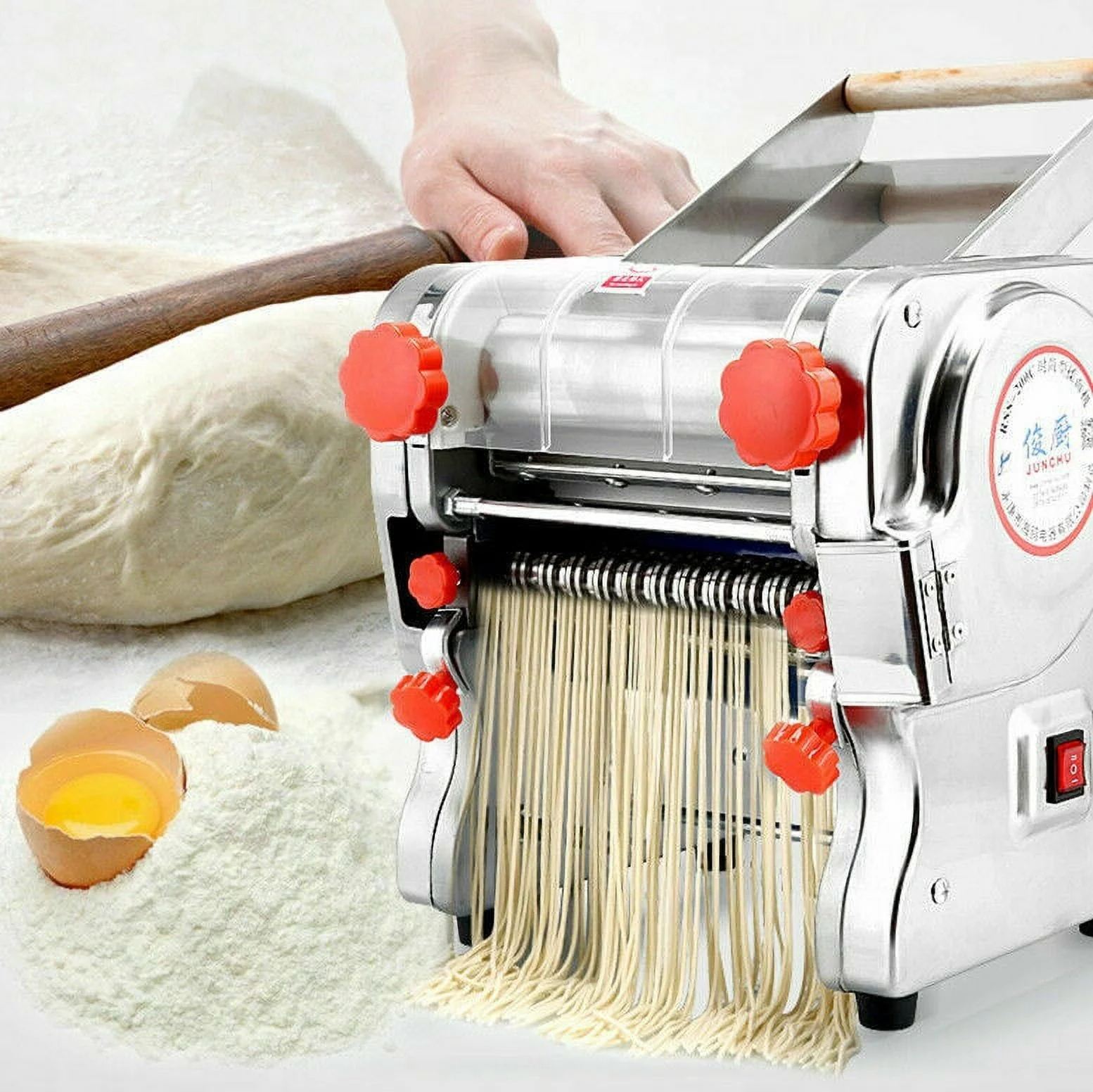 110V 240mm Electric Pasta Press Maker Automatic Noodles Machine Dumpling Skin Maker +3/9mm Wide Noodle Cutter +1.8mm Round Noodle Cutter