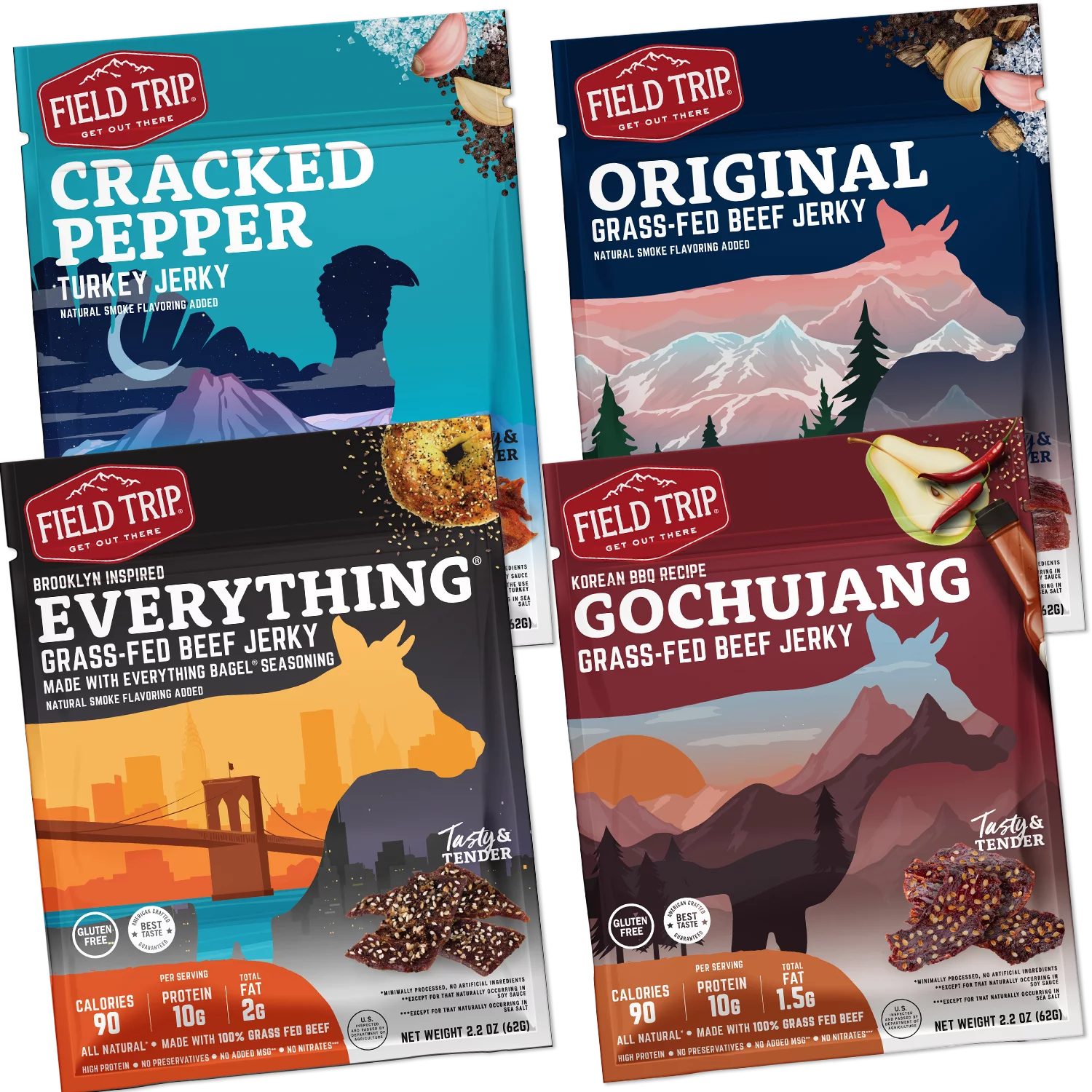 Field Trip Jerky Mixed Flavors: Original, Everything, Cracked, Gochujang 2.2oz - 4pk