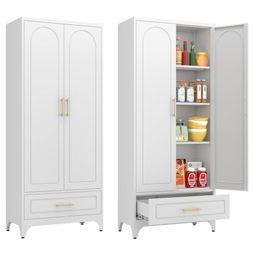 Metal Storage Cabinet with Doors and Shelves, 71 Inch Tall Kitchen Pantry Cabinet, Pantry Cabinets for Kitchen Storage, Freestanding Cupboard for Living, Dining Room, White, Assembly Required
