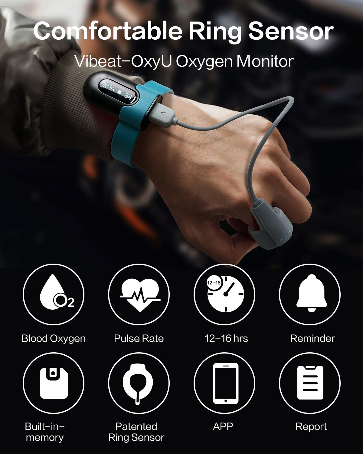 Vibeat OxyU Oxygen Monitor for O2 & Heart Rate Continuous Tracking, Wrist Wearable Pulse Oximeter, Notification of Threshold Exceed, Bluetooth Finger Oxygen Meter with Free App & PC Report