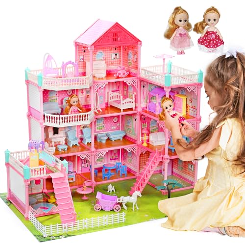 Huge Dollhouse for Girls–Large Pretend Play Doll House with Lights, Furniture & Accessories, for Kids