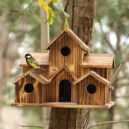Bird House, Bird House for Outside, 6 Holes Large Space Handmade Wooden Hummingbird Houses Backyard/Courtyard/Patio Decor Wooden Color