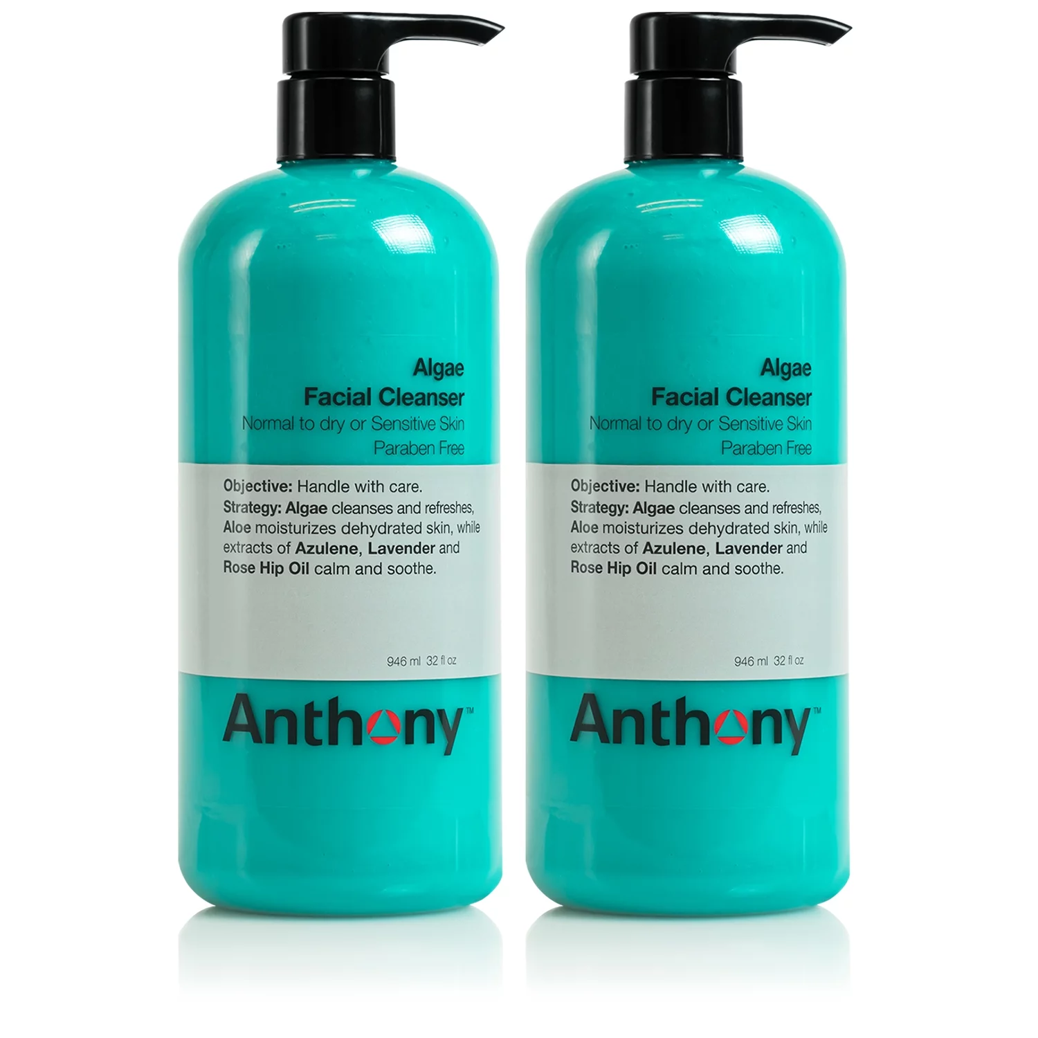 Anthony Algae Facial Cleanser, 32 Fl Oz. Contains Algae, Aloe Vera, Azulene, Lavender and Rose Hip Oil, Cleanses and Refreshes, Moisturizes and Hydrates, Calms and Soothes Your Skin Pack of 2