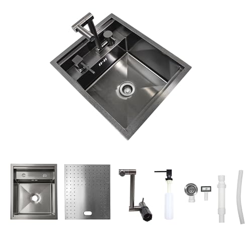 RV Sink, 17.32×14.17×7.87 Inch Black Bar Sink, Portable Small Single Bowl Multifunctional Kitchen Sink with Faucet and Stainless Steel Cover Plate