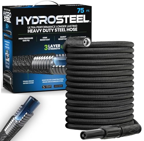 HYDROSTEEL 100 Ft Metal Garden Hose with Sprayer Nozzle, Indestructible 3-Layer Stainless Steel Heavy Duty Water Hose 100 Ft x 5/8 in. Kink Free Design Will Not Kink, Flexible, NON Expandable, 500 PSI
