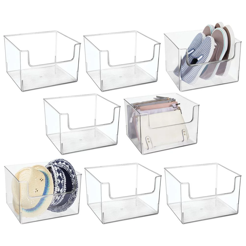 mDesign Closet Plastic Storage Organizer Bin with Open Dip Front, 8 Pack - Clear