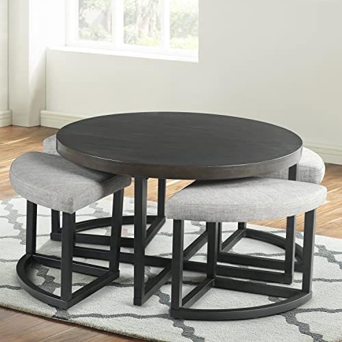 Steve Silver Furniture Yukon Coffee Table w/Stools, Iron Base, Mindi Veneers, Engineered Hardwoods, and Upholstered Seating, for Living Room/Kids Room, 36