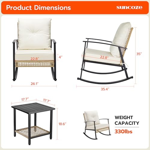 SUNCOZE 3 Piece Patio Furniture Set, Outdoor Rocking Chairs Set of 2 with Coffee Table, Patio Bistro Set Patio Rocking Chair Oversize Rattan Conversation Sets for Garden, Balcony, Backyard