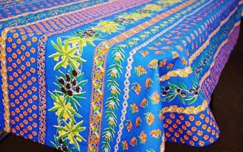 Le Cluny Olives and Mimosas Blue Coated Cotton Tablecloth 60 Inches x84 Inches