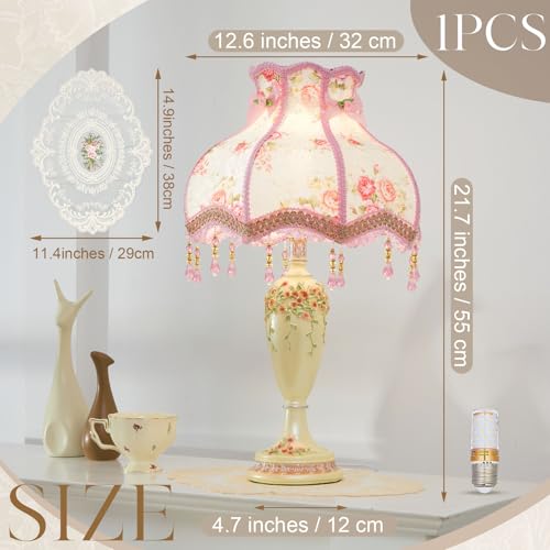 Retisee Victorian Flower Table Lamp Pink Floral Coquette Lamp with Vintage Lace Placemat Fabric Lampshade Beaded Fringe Antique Lovely Decorative Princess Bedside Night Light for Bedroom Nightstand