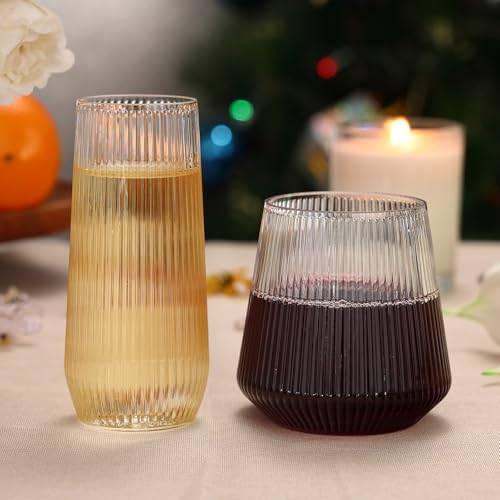 48 Pack Plastic Glasses – 24 x 9oz Stemless Champagne Flutes & 24 x 12oz Stemless Wine Glasses – Elegant Disposable Shatterproof Cup – BPA-Free Drinkware for Weddings, Parties (Gold Rim Diamond)