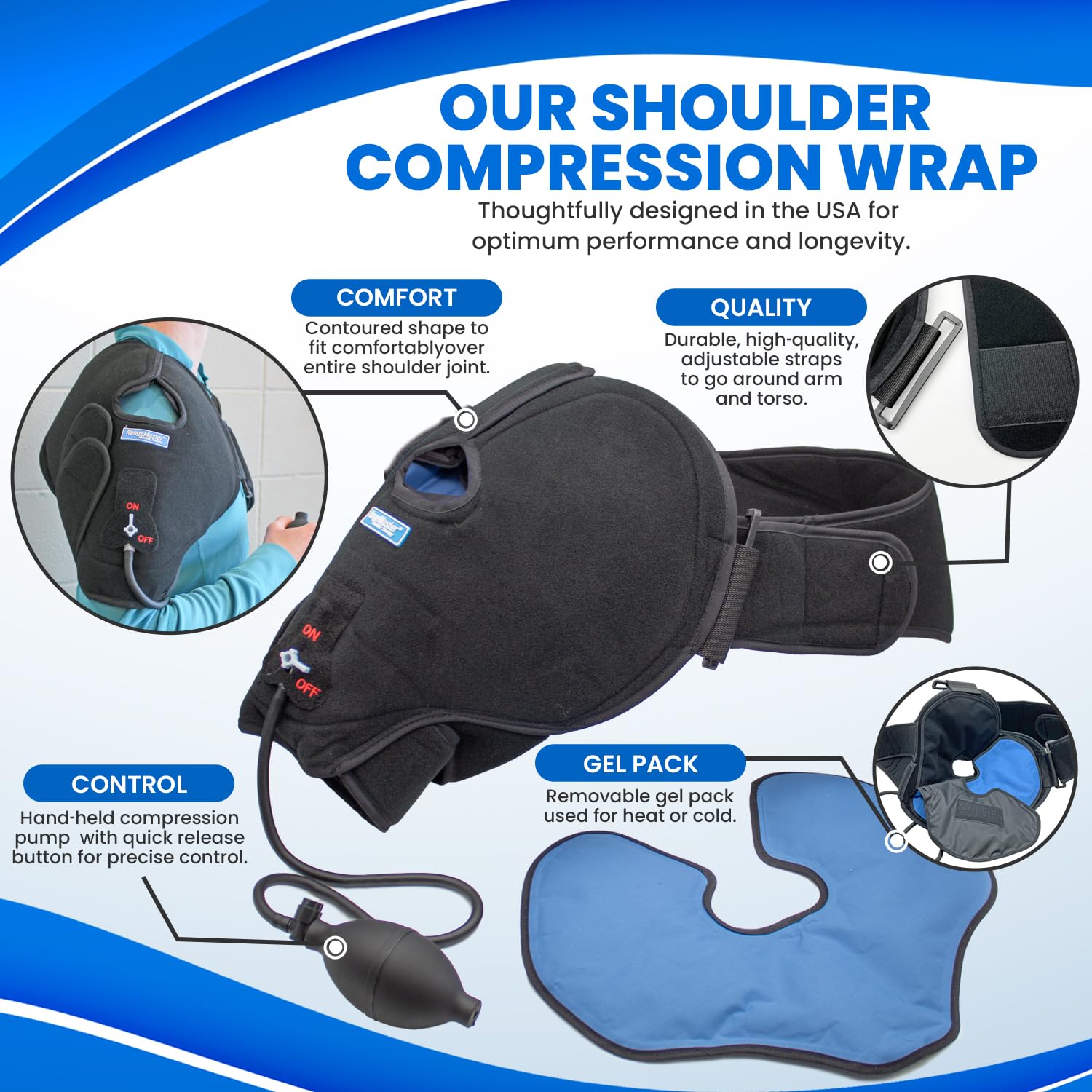 RangeMaster Adjustable Shoulder Compression Wrap for Hot/Cold Therapy - Relieve Arm Pain with Immobilizer Support for Tendonitis, Dislocated Joint, and Rotator Cuff Injuries | (FSA/HSA Approved)