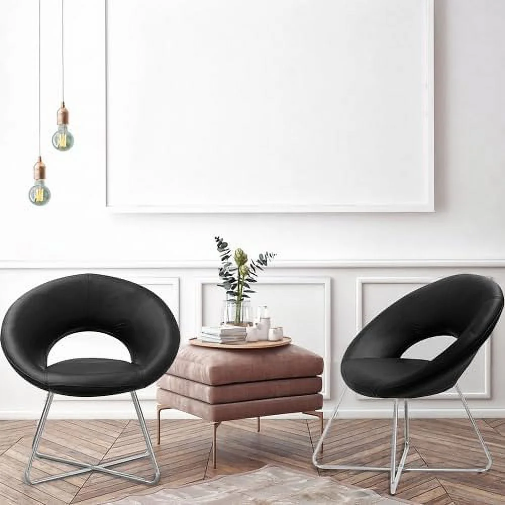 KBANZIBIU PU Leather Accent Chairs Set of 2  Circle Vanity Chair  Modern Accent Chair with Chrome Steel Legs  Makeup Chair with Back  Beauty Chair for Makeup Living Room Bedroom 2 PCS  Bl