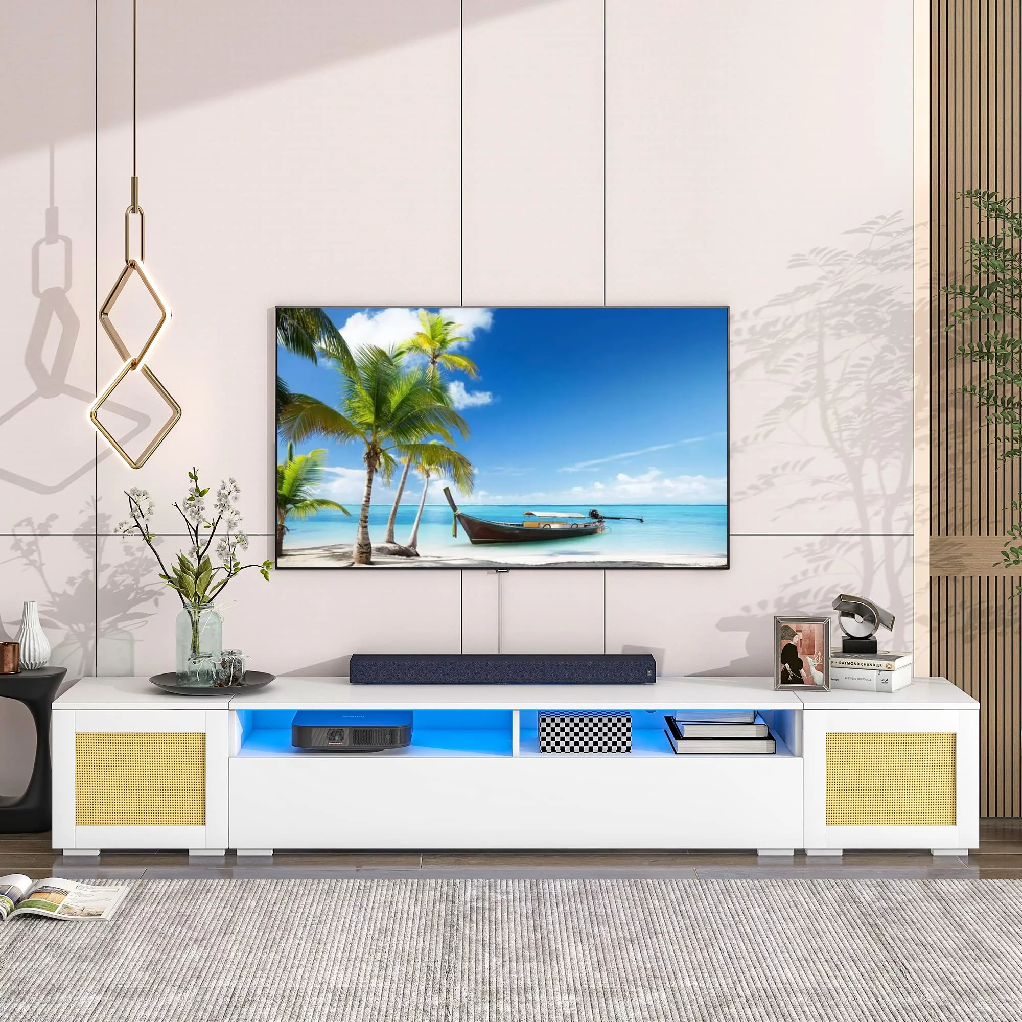 90 Inch TV Stand with LED Lights, LED Boho Entertainment Center with Rattan Door, Modern Low Profile TV Cabinet Media Center with 2 Extended Cabinet and 2 Open Shelves for Living Room, White