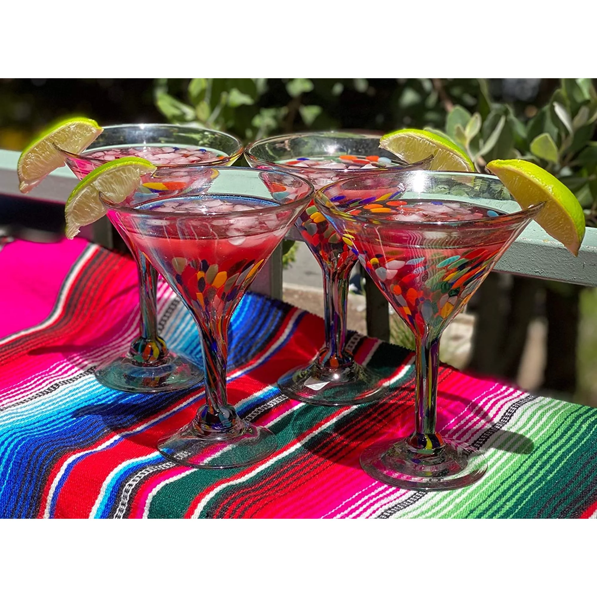 Dos Sueños Dos Suenos Mexican Hand Blown Glass - Set of 4 Hand Blown Modern Margarita Glasses - Confetti Carmen (12 oz)