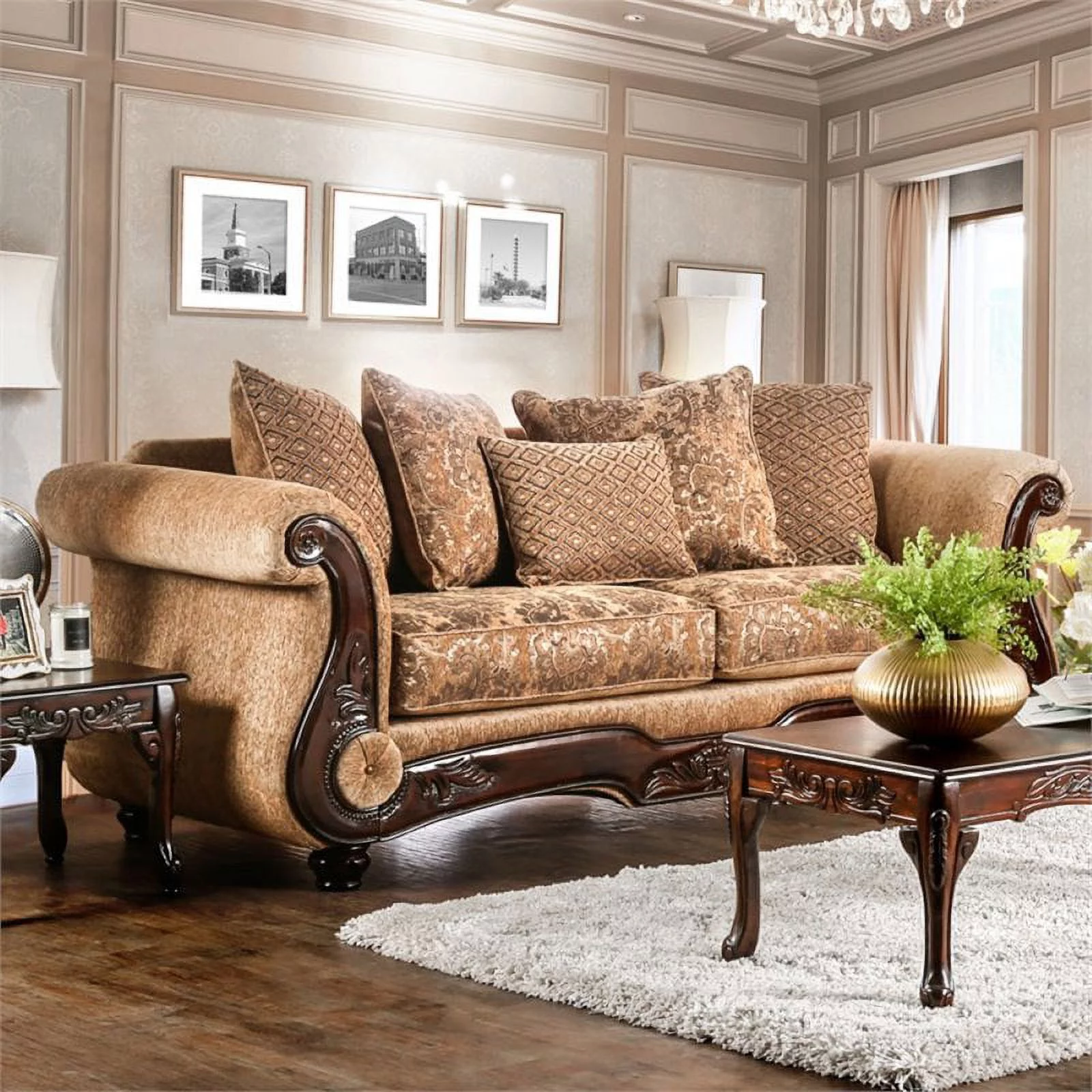 Furniture of America Rhodes Traditional Chenille Sofa in Gold and Bronze