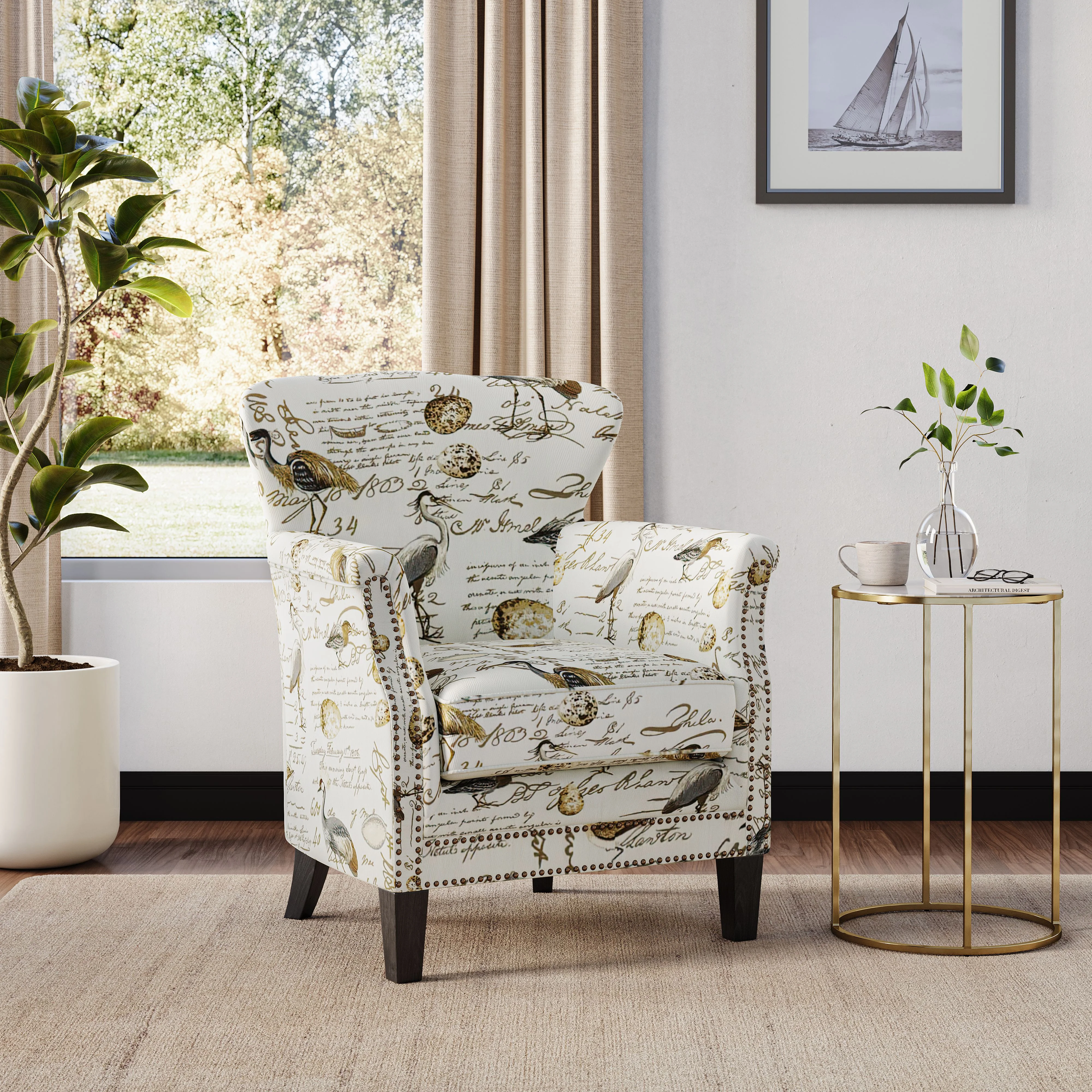 Jofran Phoebe Avian Bird Pattern Upholstered Accent Chair with Nailhead Trim